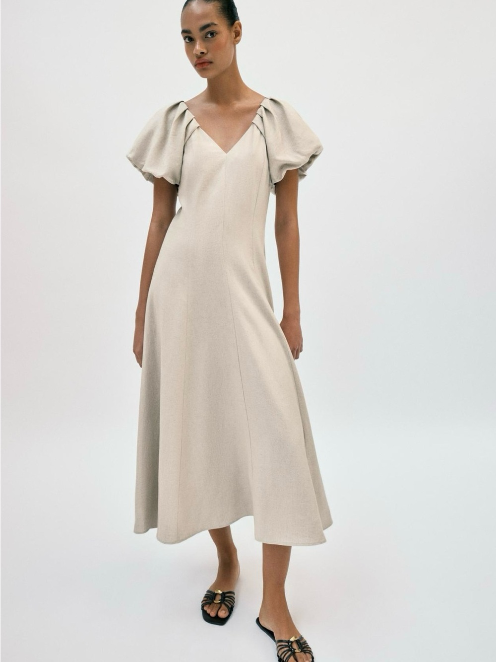 NWT ZARA Linen Blend Puff Sleeve Midi Dress Size M